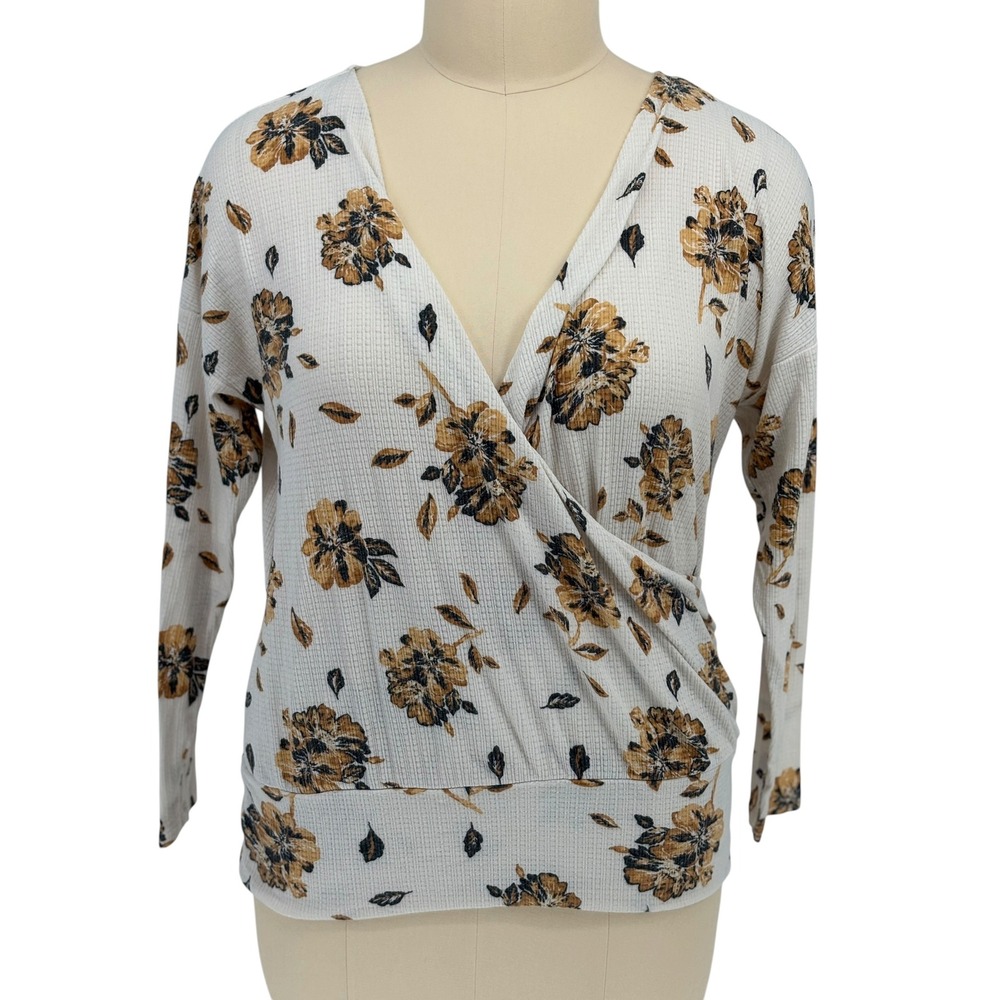 Maurices Faux Wrap Top Ivory Mustard Floral Waffle Knit Size 0